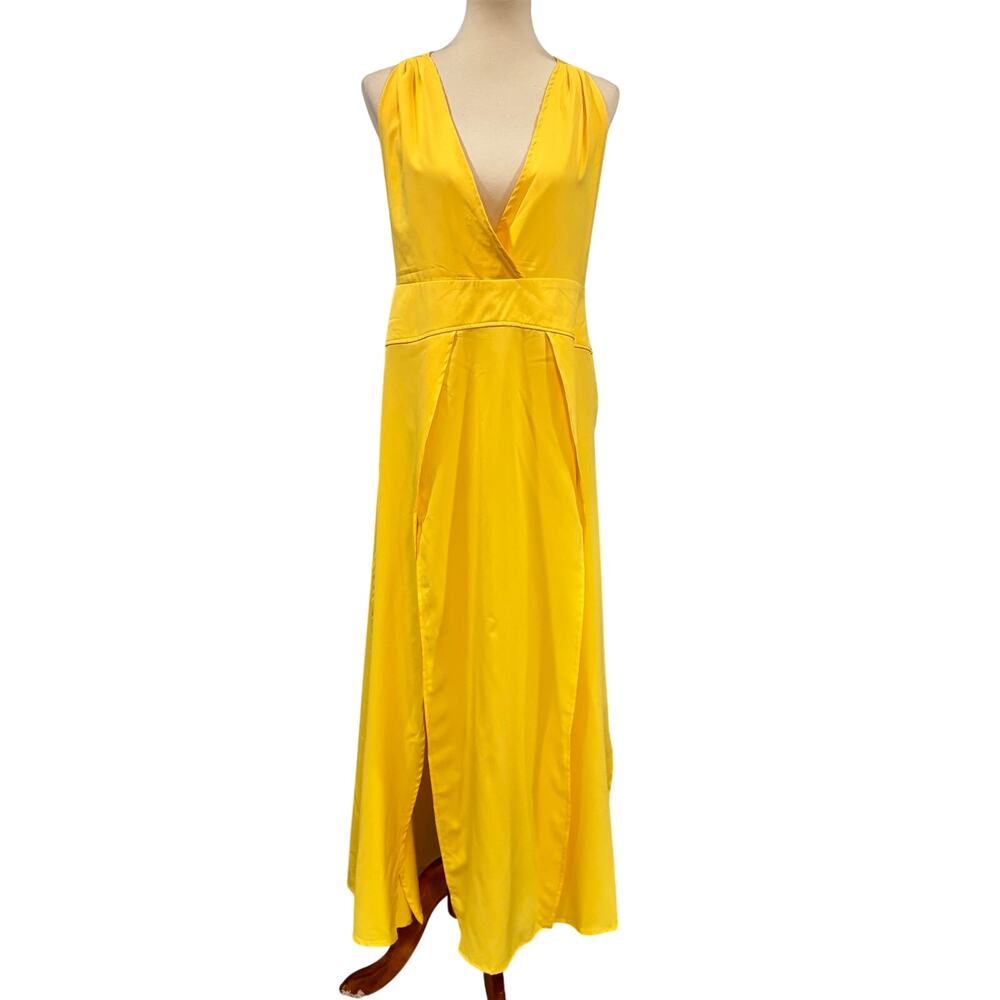 Chicme Butter Yellow Plunge Neck Maxi Dress Beach Cover Up Front Slits, Size L